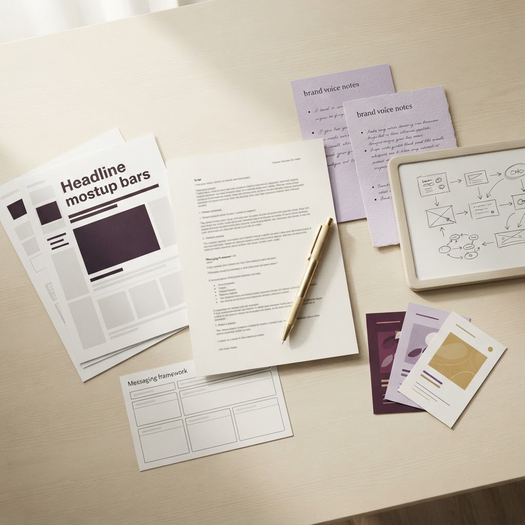 Creative messaging workspace with scripts and headline variations
