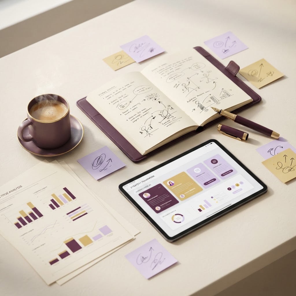 Executive strategy workspace with notebook, coffee, and audience personas