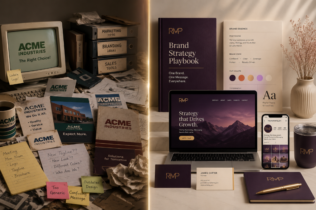 Before and after brand clarity, a cluttered legacy identity transformed into a cohesive modern brand system