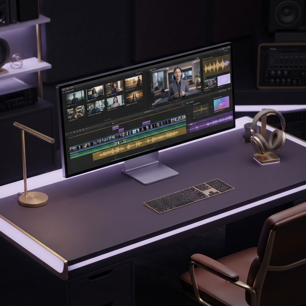 Cinematic editing studio with monitor showing Digital Twin and timeline
