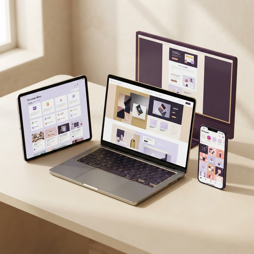 Marketing assets displayed on laptop, phone, and tablet devices