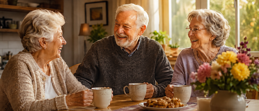 Seniors enjoying coffee together in a warm home setting
