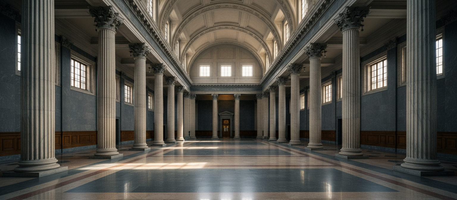Interior de tribunal de justicia con columnas neoclásicas