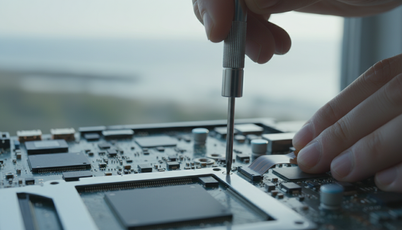 Technician hands performing precision laptop repair with silver tools