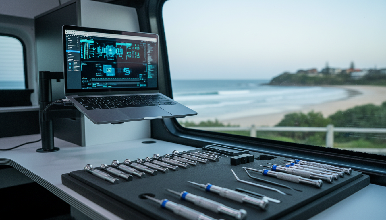 Mobile tech workshop with Port Macquarie coastline visible through window