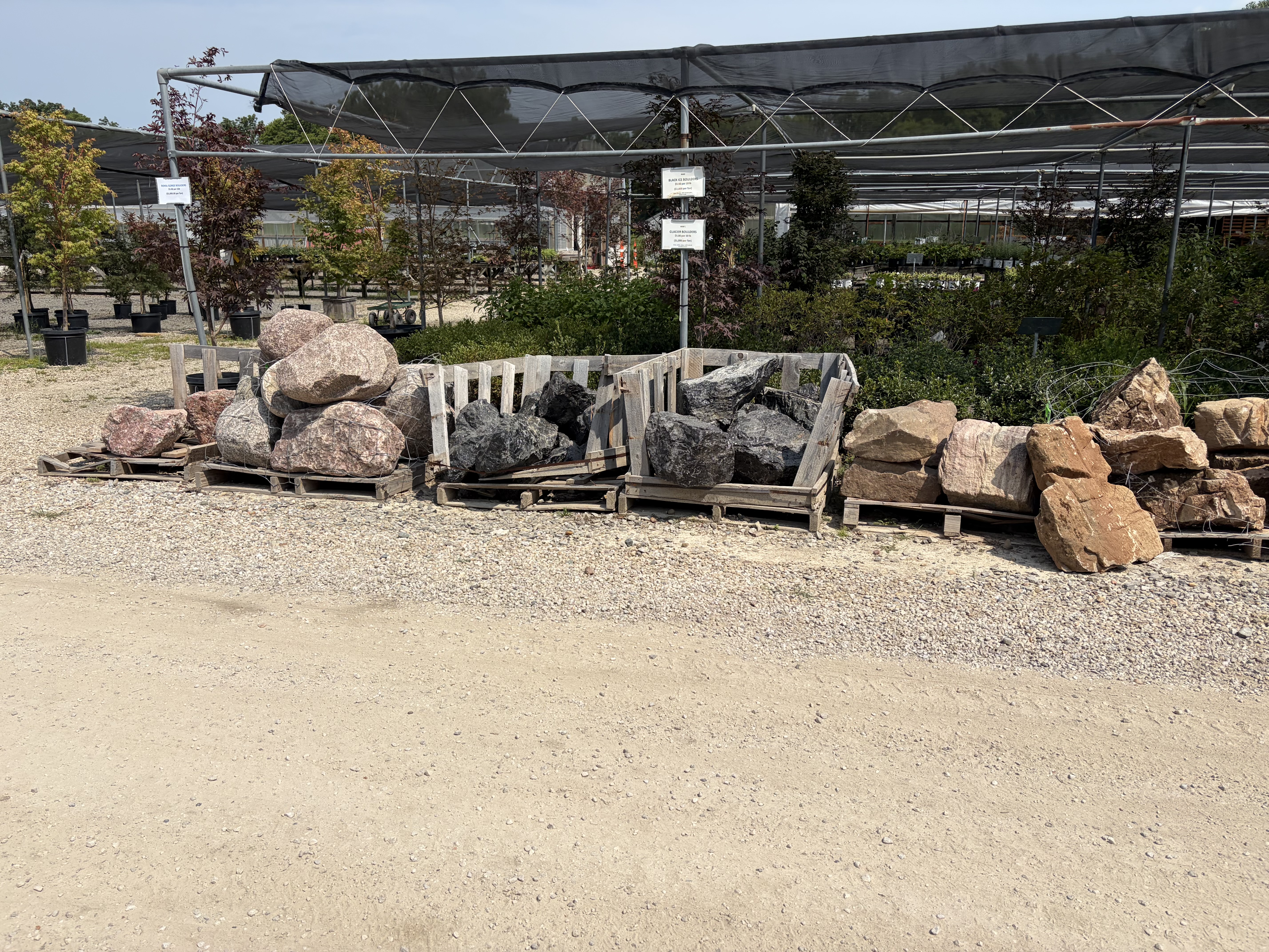 Black Ice & Glacier boulders staged on pallets