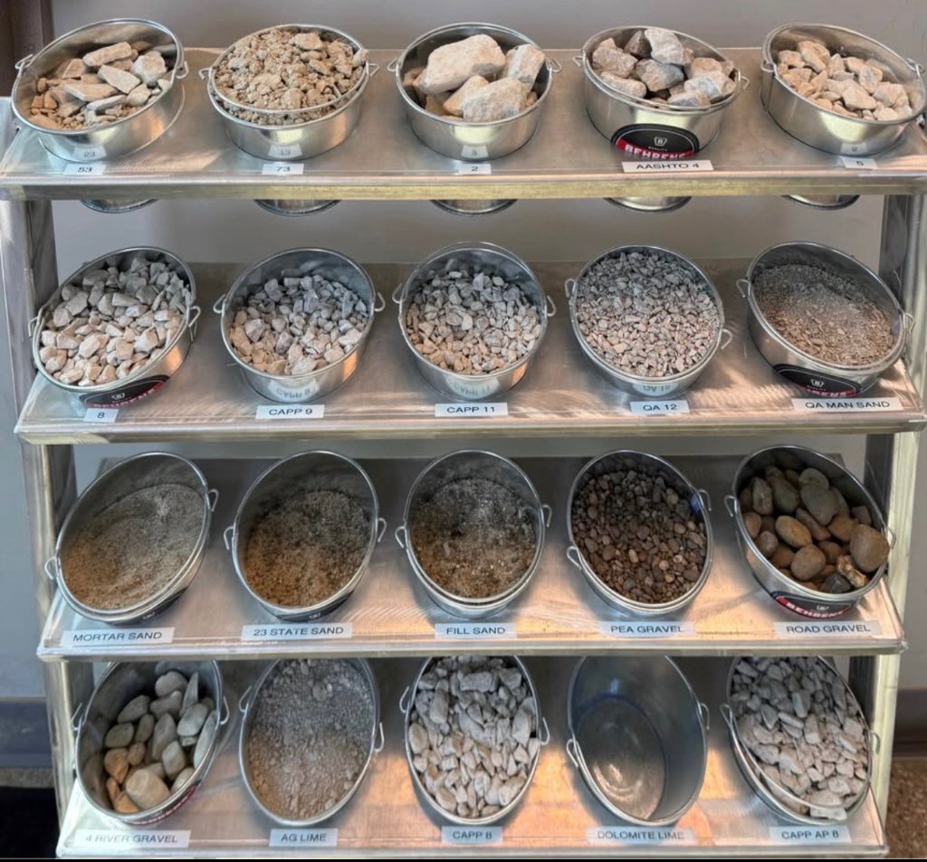 Material sample rack showing limestone, sand, and gravel options
