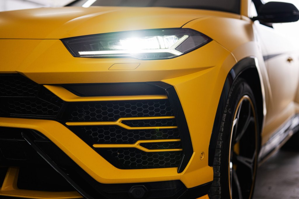 Yellow Lamborghini Urus headlight detail