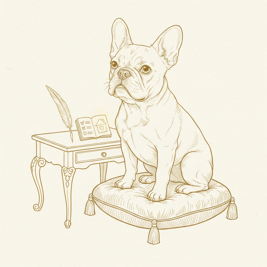 French Bulldog illustration with a checklist and small house