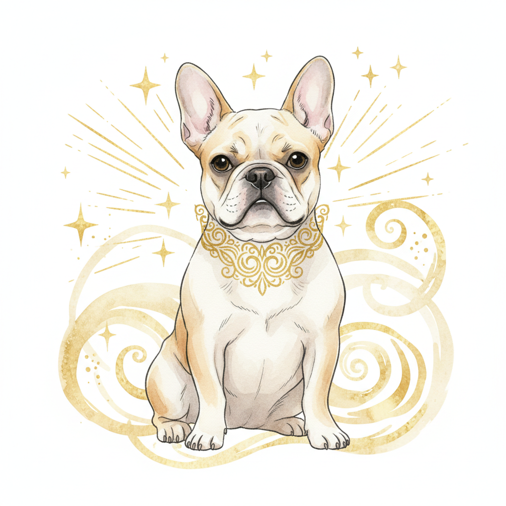 Watercolor French Bulldog surrounded by golden stars