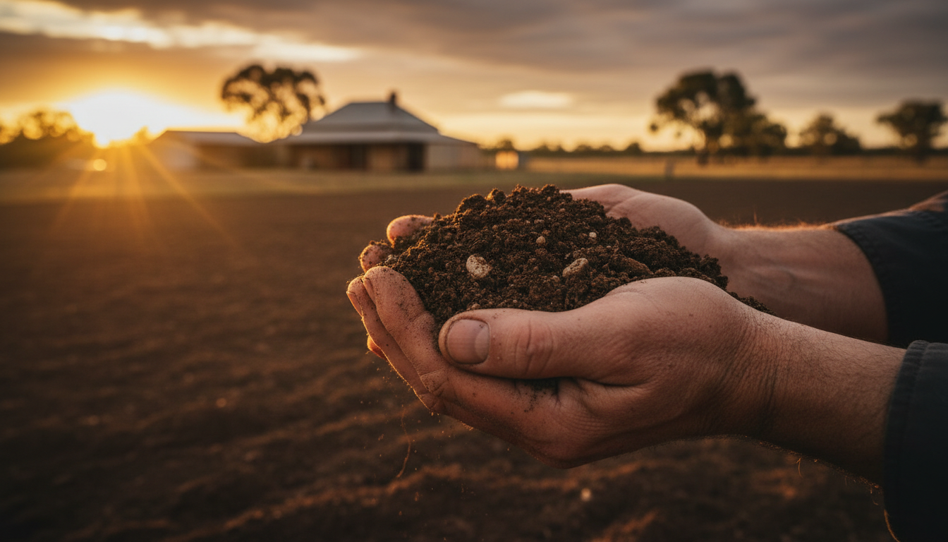Weathered hands holding rich Australian soil