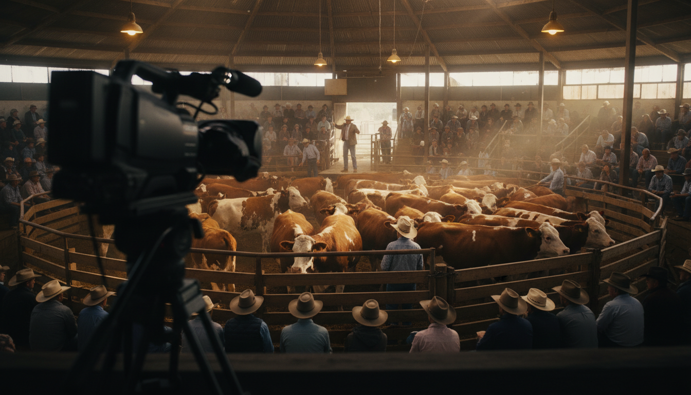 Professional video camera filming at an Australian cattle auction