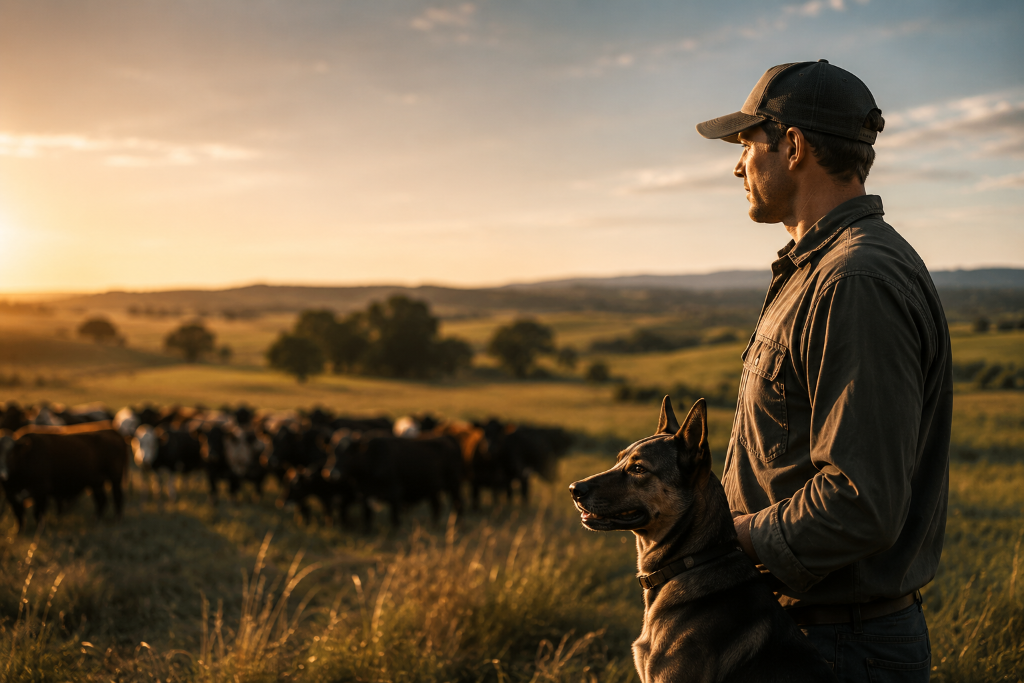 Producer and working dog at sunset