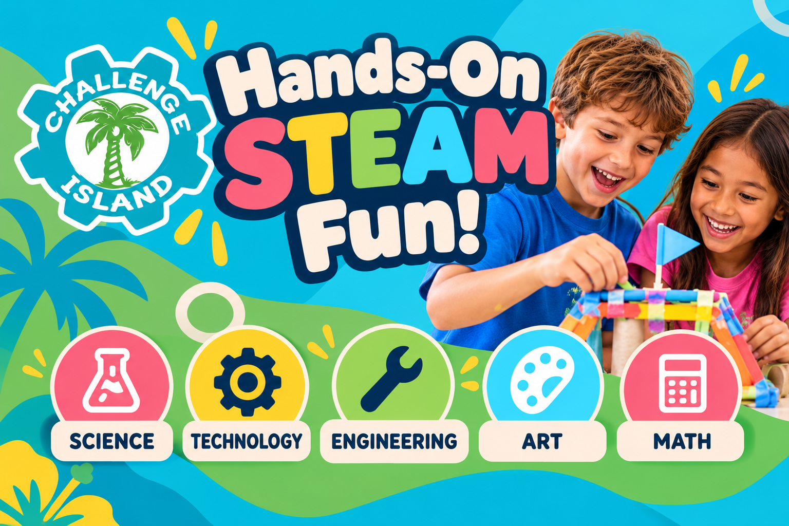 Kids building a hands-on engineering challenge with Challenge Island Omaha Northwest