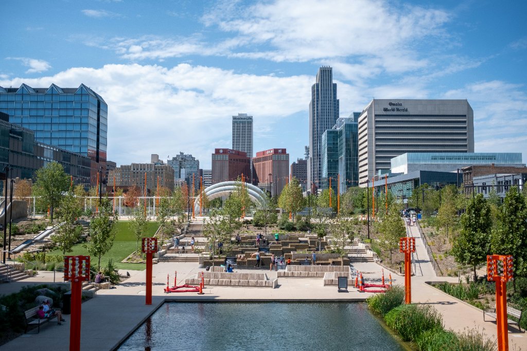 Downtown Omaha skyline with Gene Leahy Mall