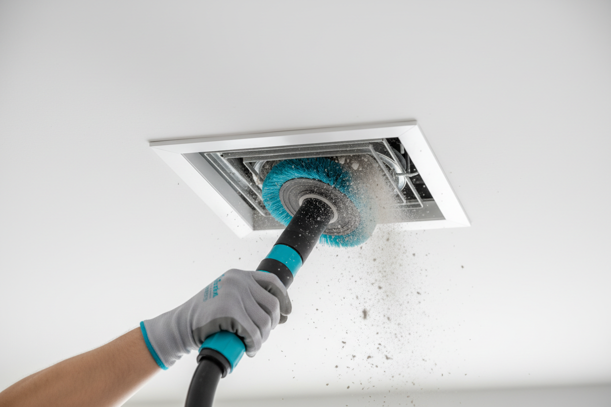 Technician cleaning a residential air duct with brush and vacuum