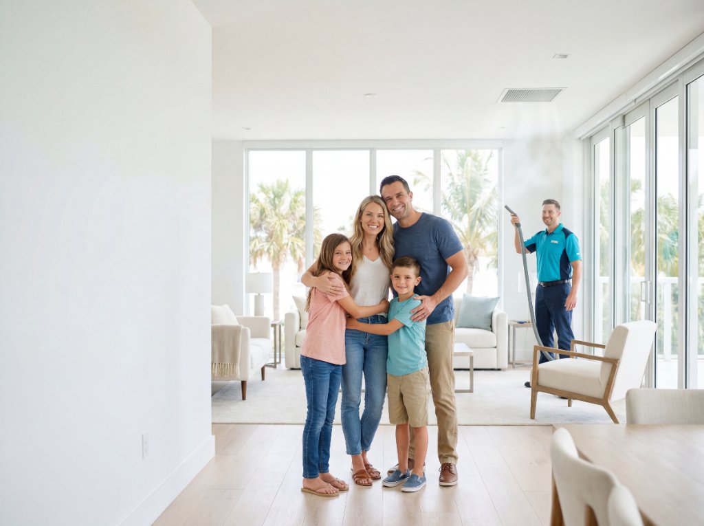 Happy Tampa Bay family enjoying clean indoor air while a technician services their duct system