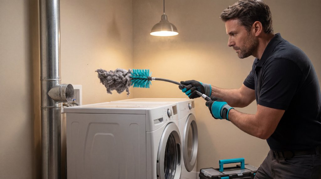 Technician cleaning a home dryer vent line