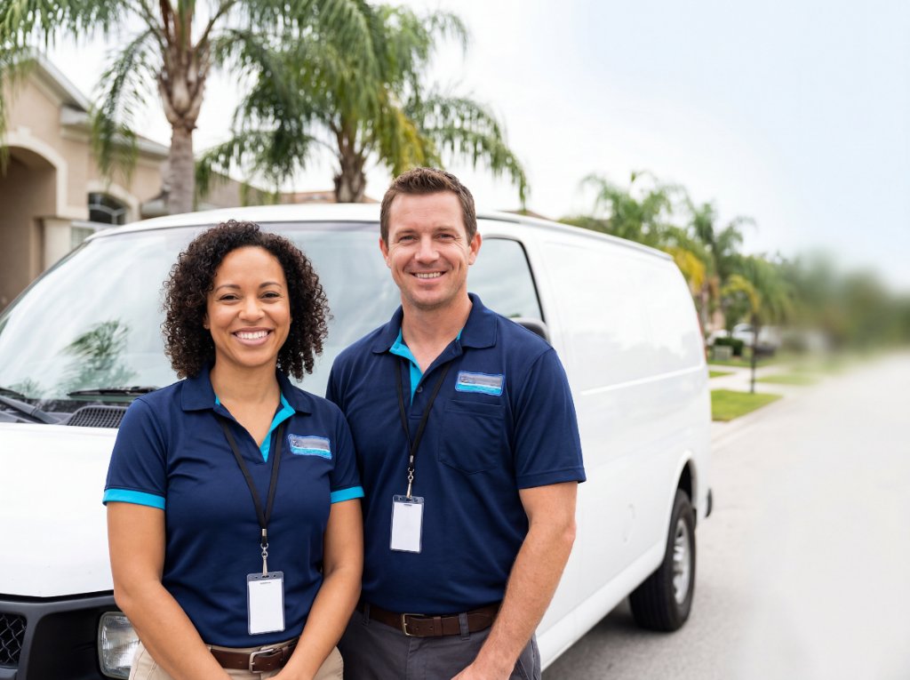 Friendly local Tampa area air duct technicians by their service van