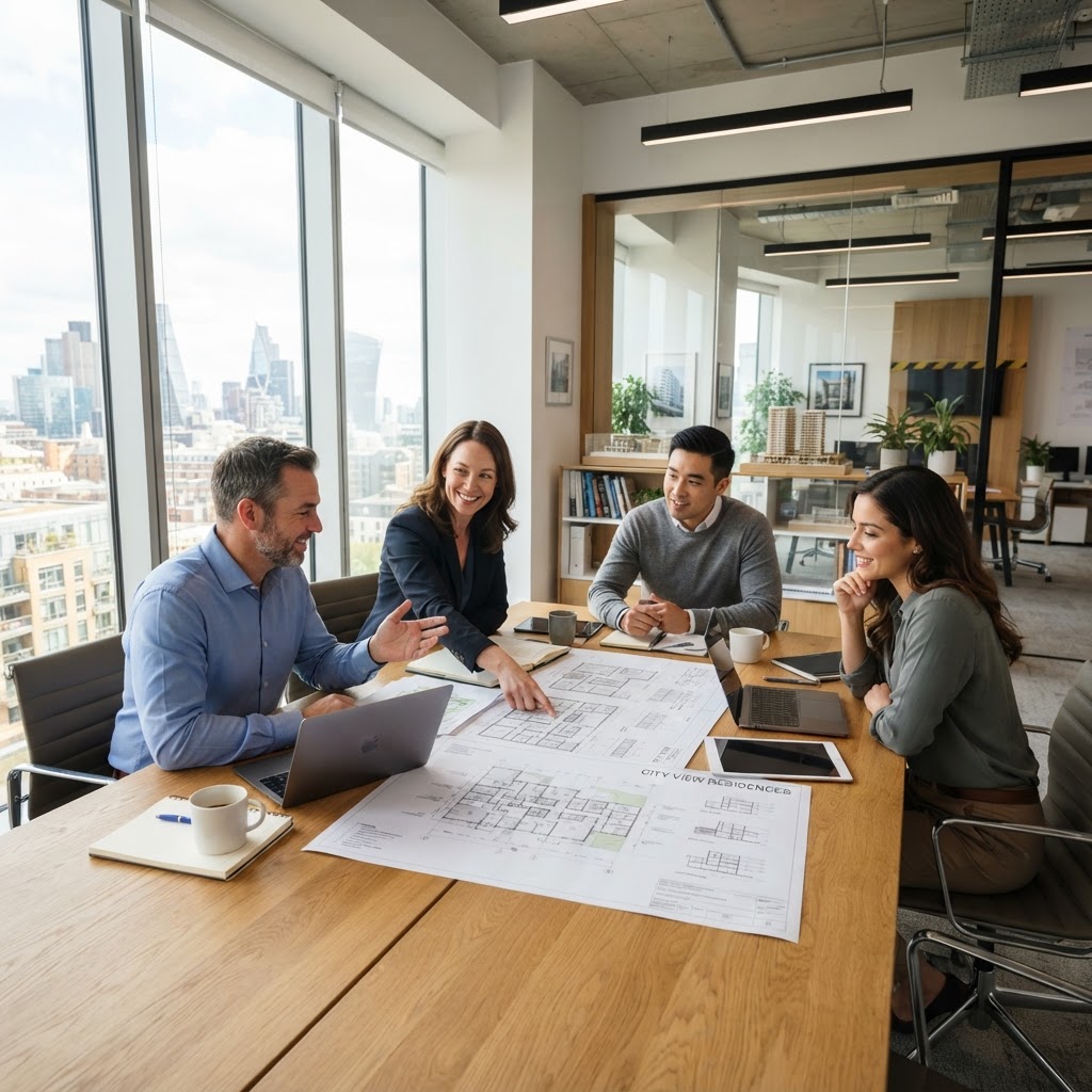 FAT team reviewing property plans in a modern office