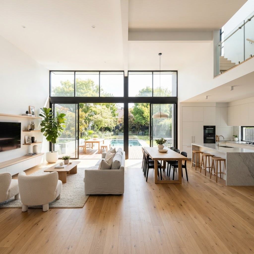 Modern home interior with large windows