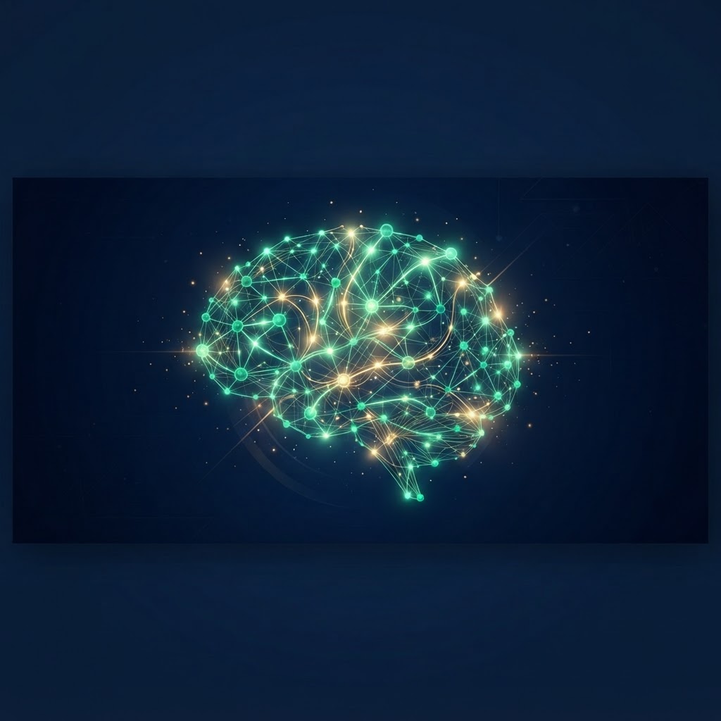 Abstract neural network forming a brain, illustrating artificial intelligence