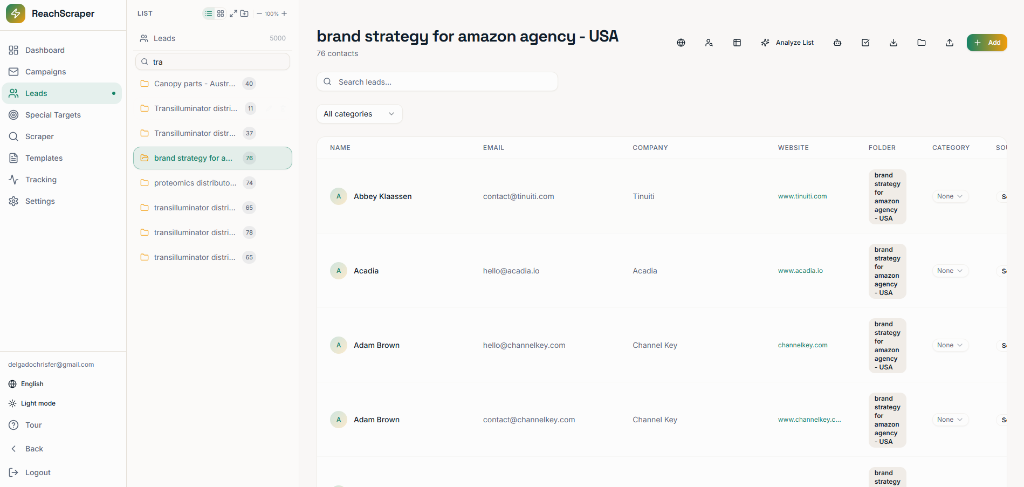 A folder of scraped leads with names, emails, and companies in ReachScraper