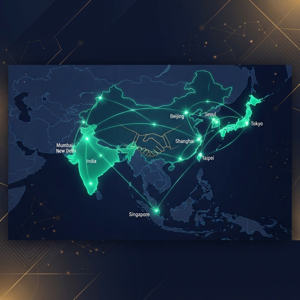 Map of Asia connecting Japan, South Korea, China, Taiwan, Singapore and India with business network lines