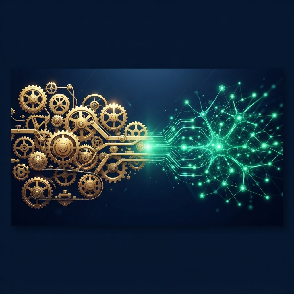 Mechanical gears merging with a neural network, showing automation combined with AI
