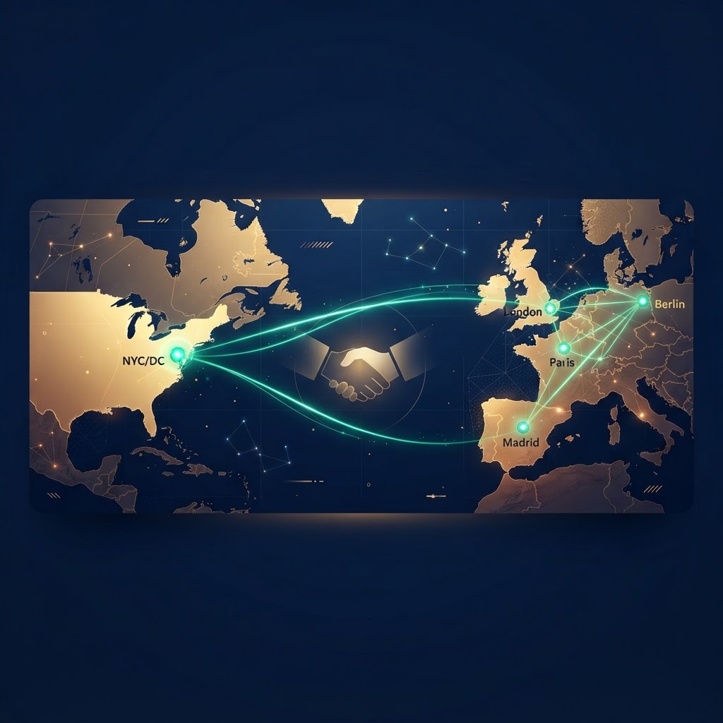 Map connecting the USA, UK, Germany, Spain and France with business network lines