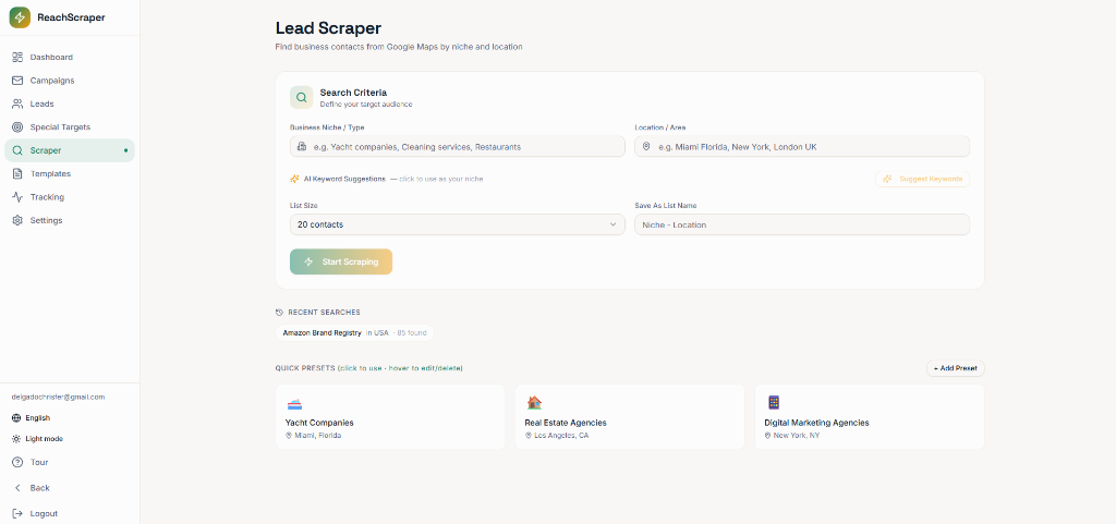 Searching a business niche and location in ReachScraper's Lead Scraper