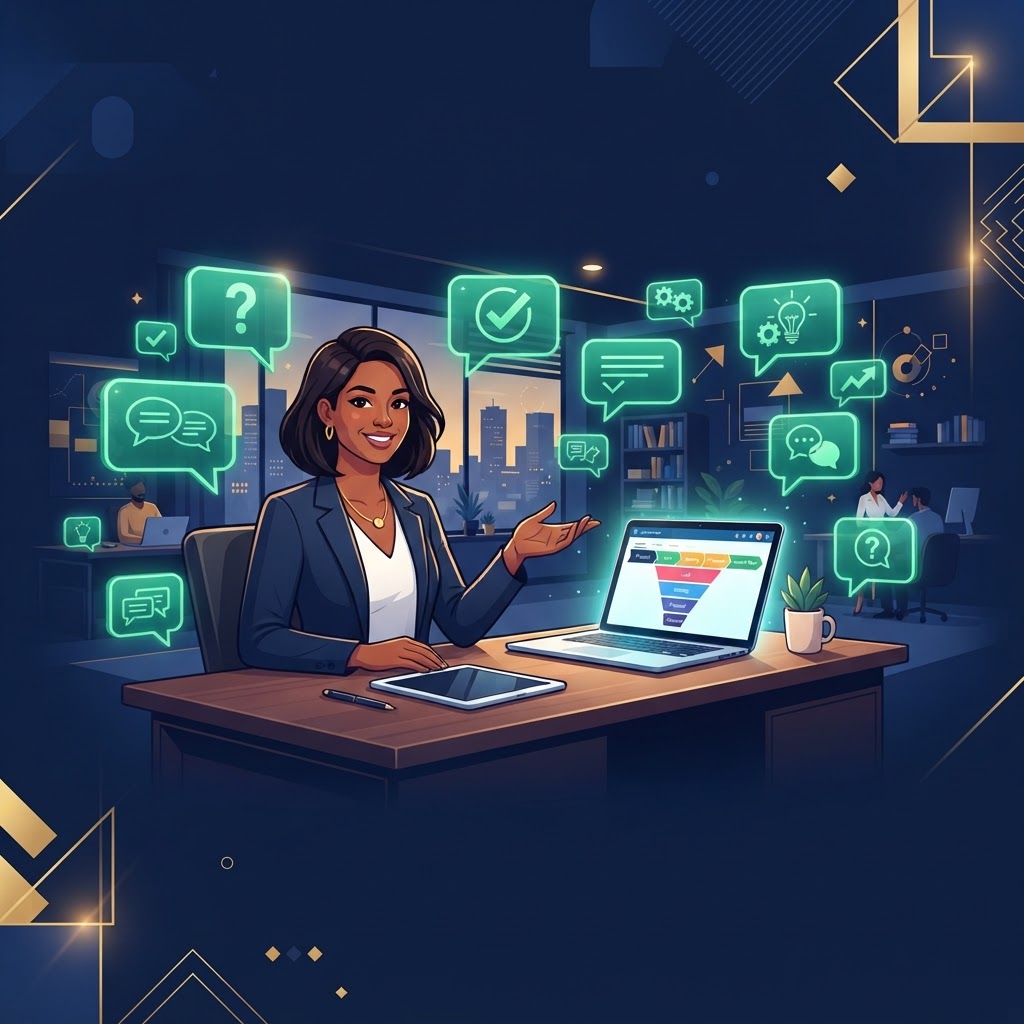 Salesperson at a desk surrounded by question and answer chat bubbles about prospecting