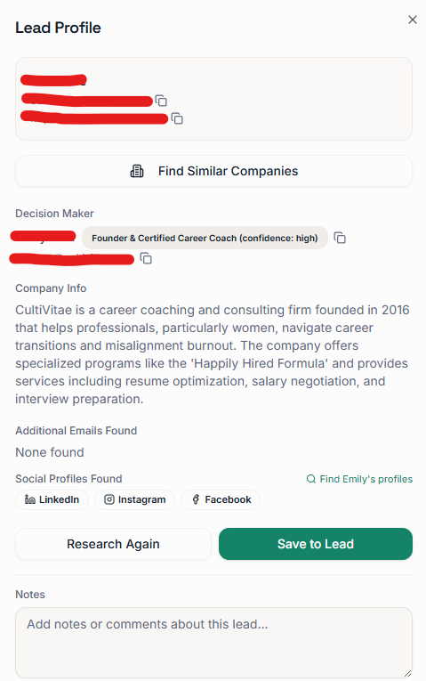 A researched lead profile showing the decision-maker, company info, and social profiles