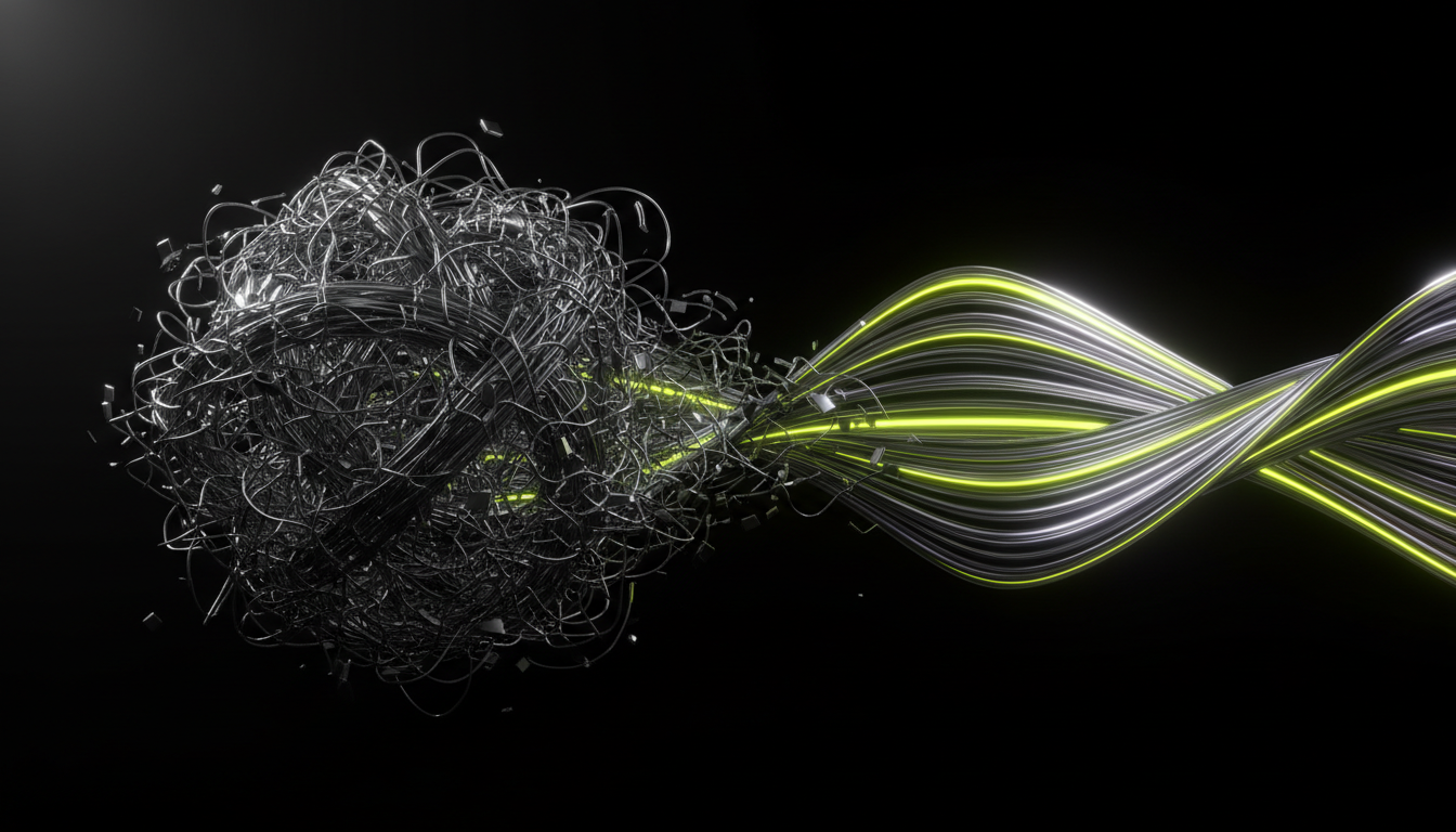 Abstract visualization of transformation from chaos to organized AI-powered flow