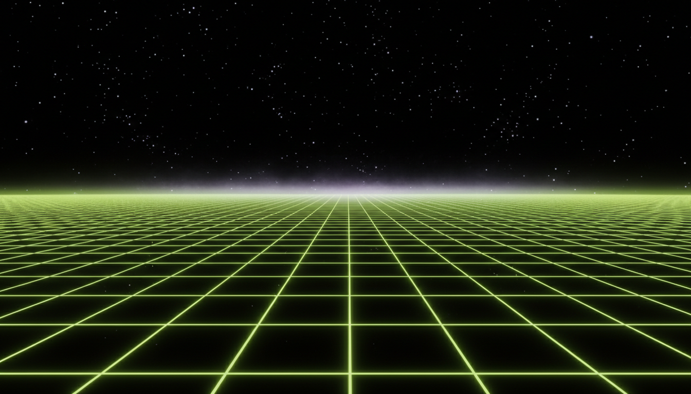 Digital horizon where the sky meets a grid-like sea of light