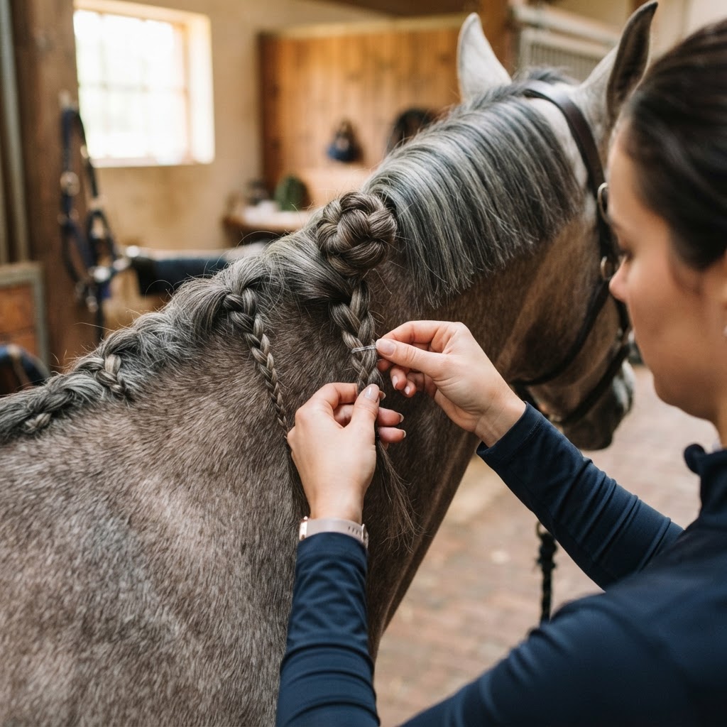 Hands braiding a horse's mane with plaiting bands in preparation for an equestrian competition