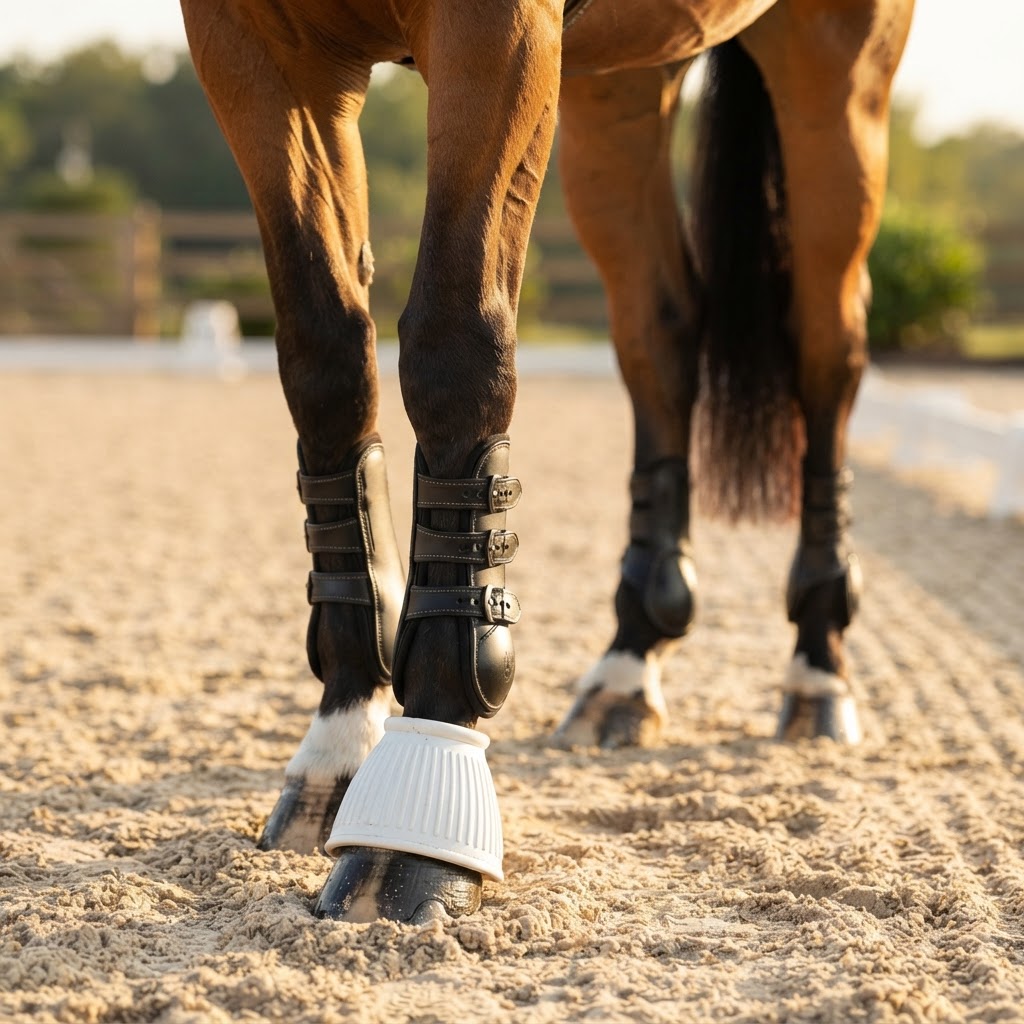 Horse wearing black tendon boots and bell boots during show jumping
