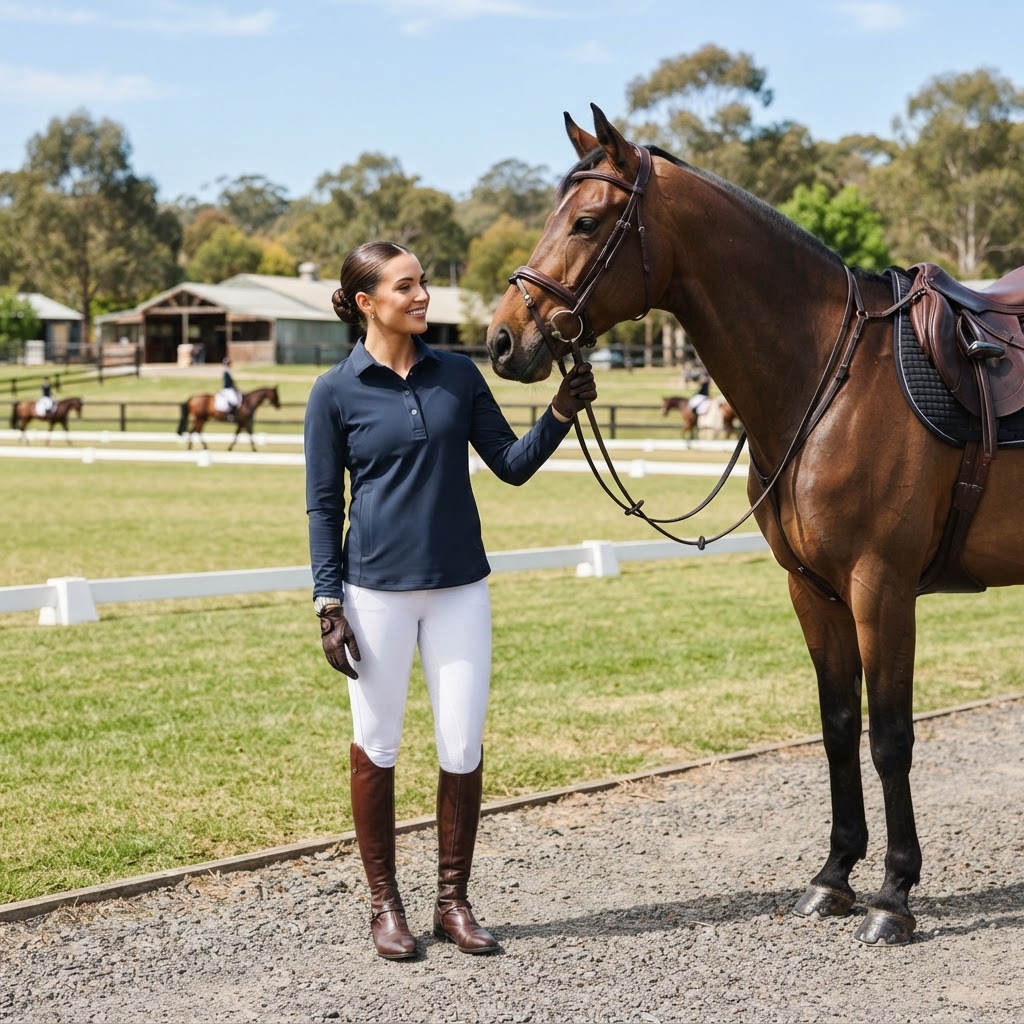 Female equestrian rider wearing a pullover shacket next to a bay horse at an outdoor arena