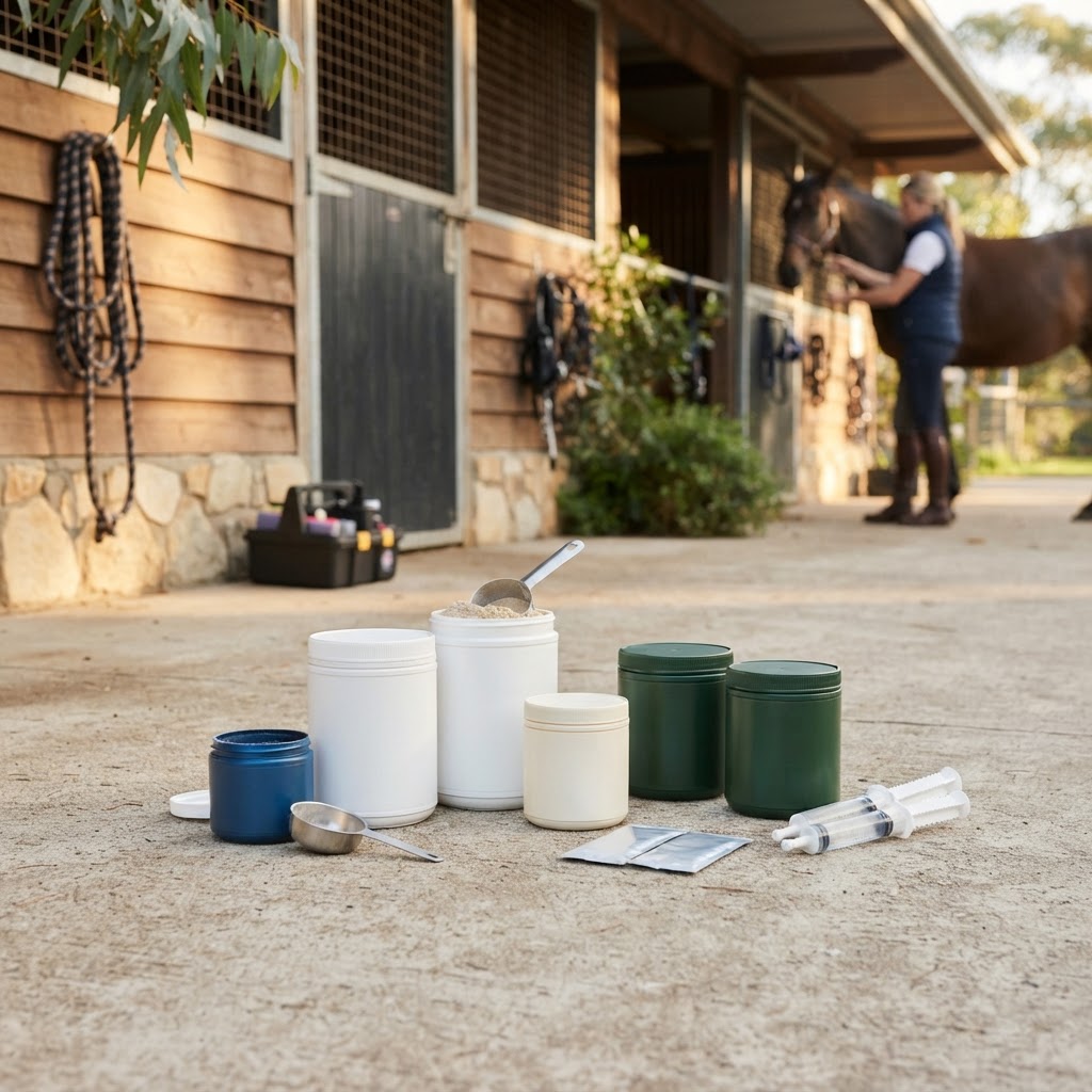 Horse supplement tubs and containers arranged in an Australian stable setting