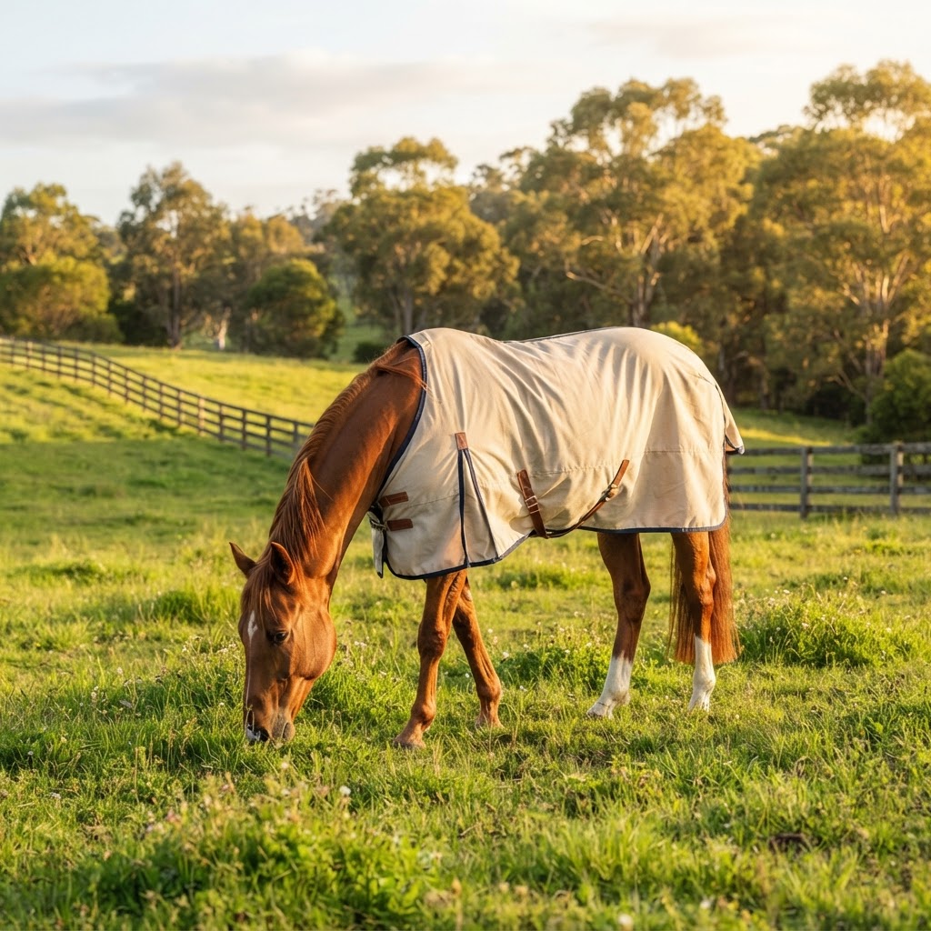 Chestnut horse wearing a light cotton rug in a sunny spring paddock