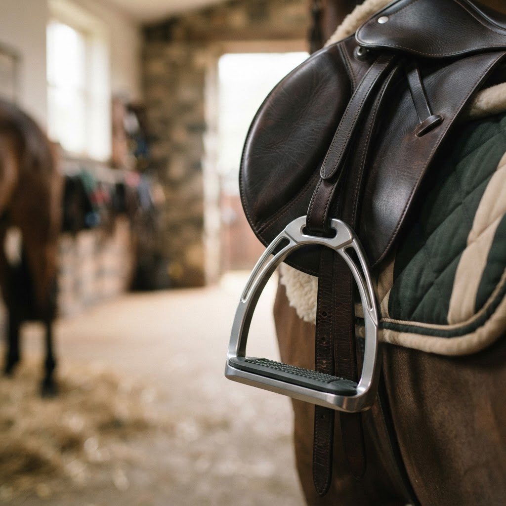 Close-up of premium silver single-branch flexible safety stirrups on an English saddle