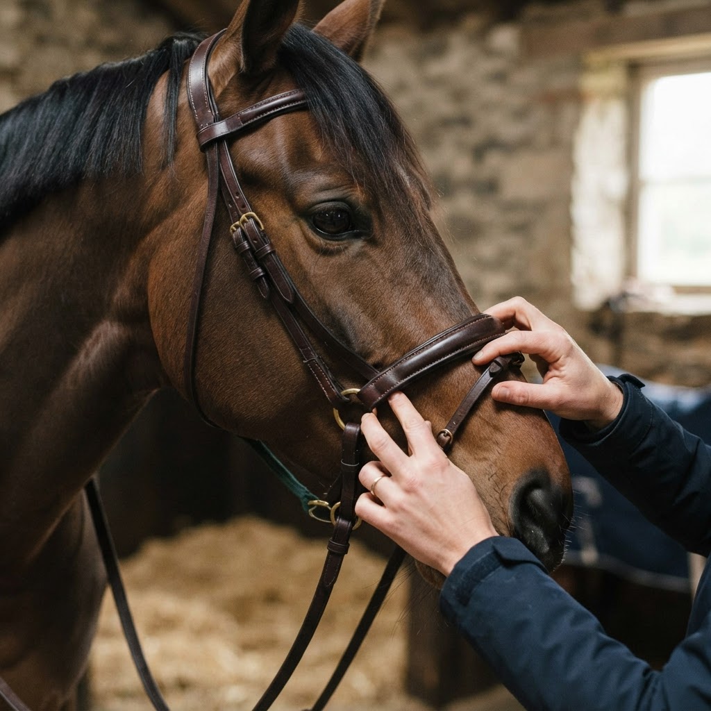 Rider fitting a drop noseband showing two-finger space between noseband and horse's nose