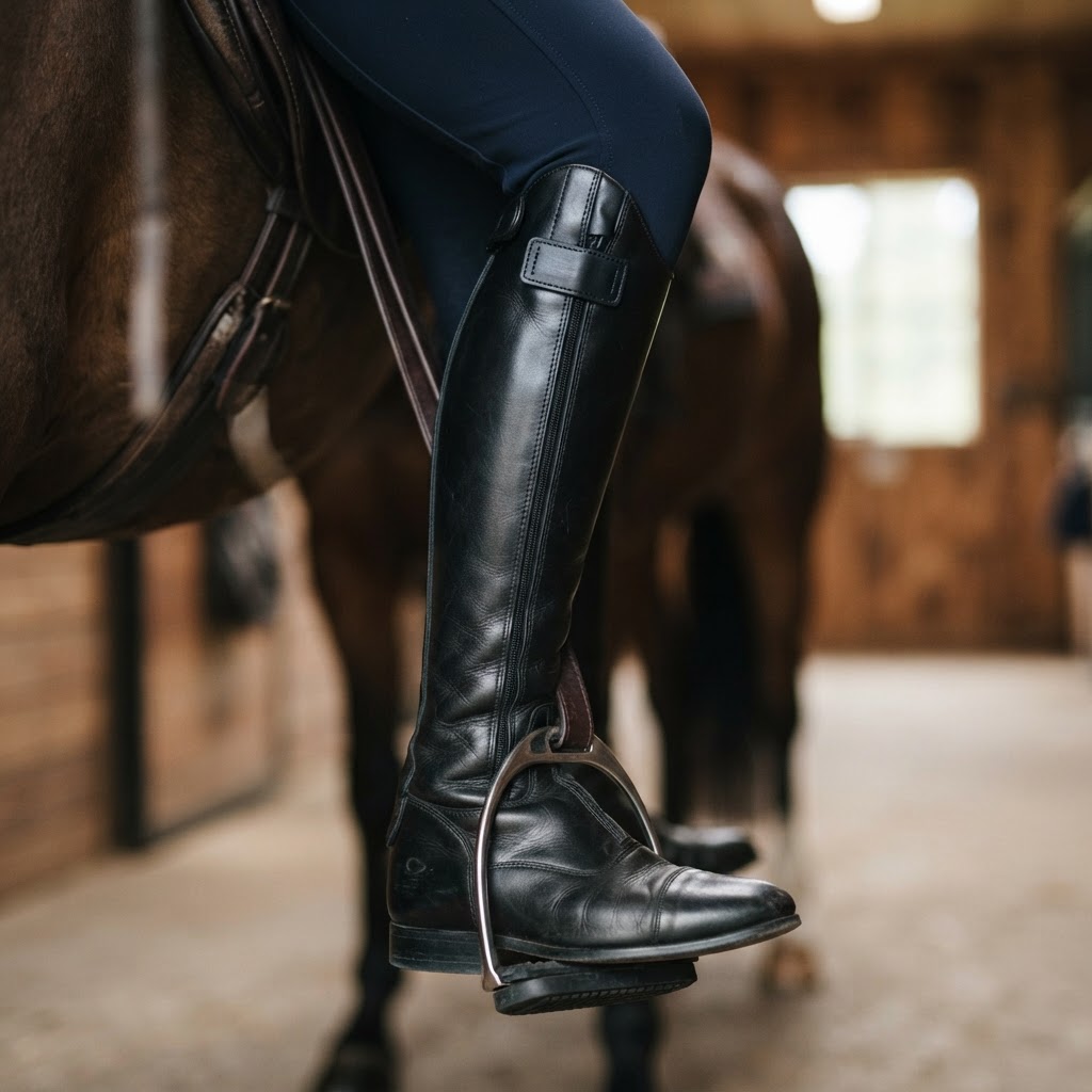 Close-up of a tall riding boot's magnetic closure tab over the front zipper
