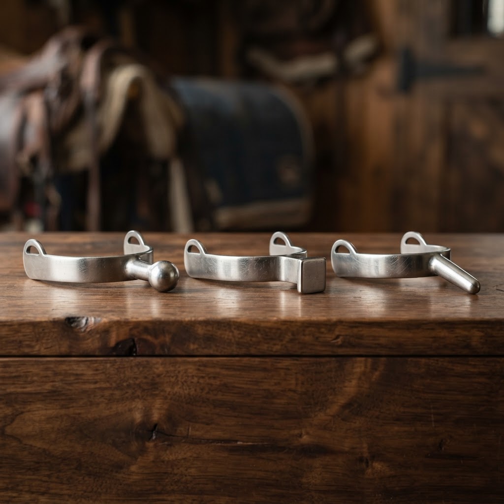 Three riding spur neck styles compared: round end, hammer and prince of wales profiles