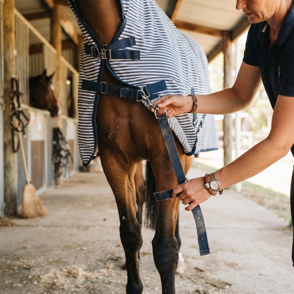 Adjusting a horse's summer rug straps in an Australian stable