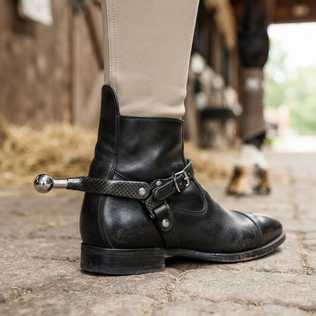 Close-up of a Freejump carbon fibre horse spur on a riding boot, showing stainless steel tip