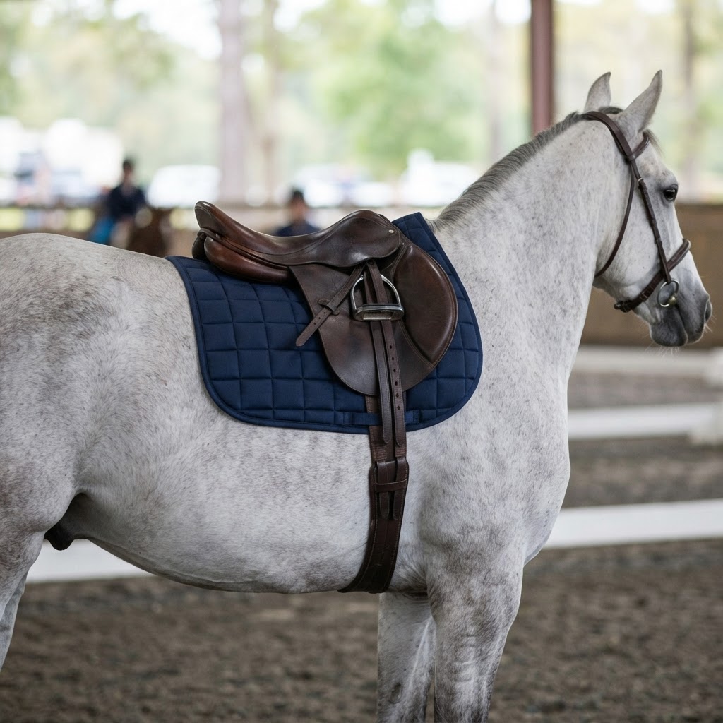 Correct saddle pad placement under a saddle, showing clearance ahead of the withers and even alignment