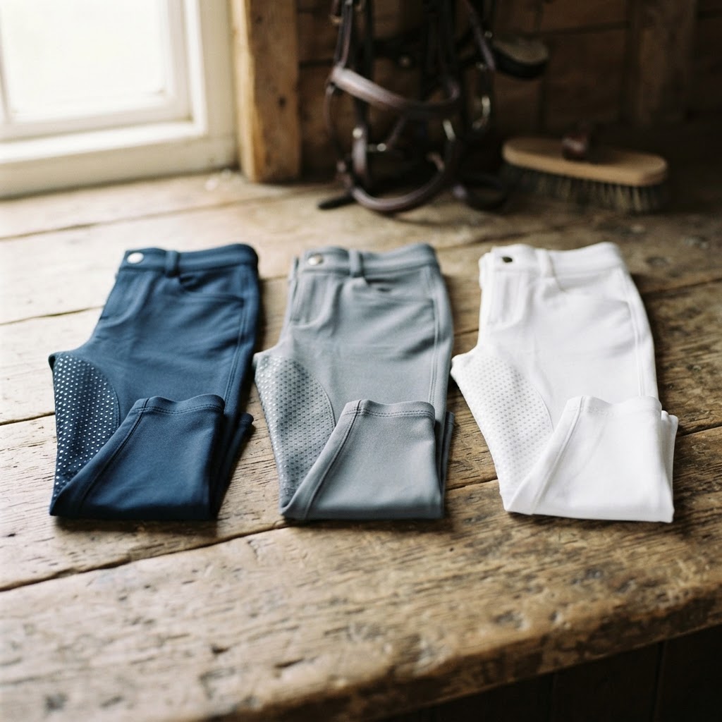 Three pairs of children's riding jodhpurs in navy, steel grey and white laid out on a stable surface showing silicone grip knee patches