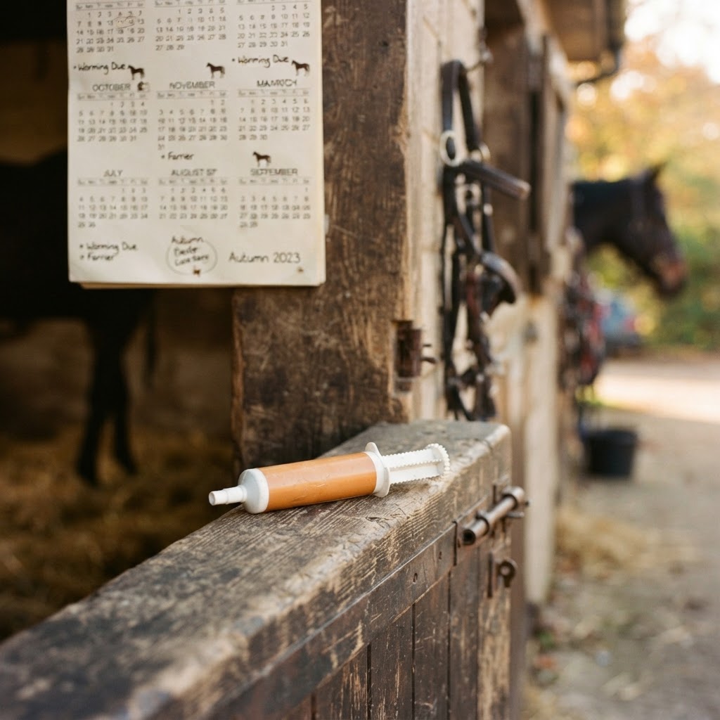 A horse wormer paste tube on a stable door with a seasonal calendar concept