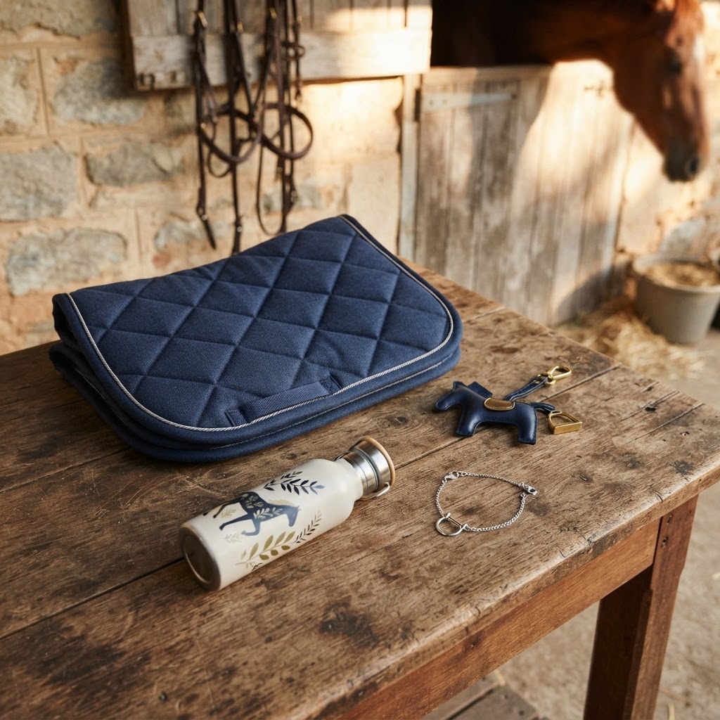 Equestrian gift items flat lay including keyring, drink bottle, bracelet and saddle pad on a wooden stable table